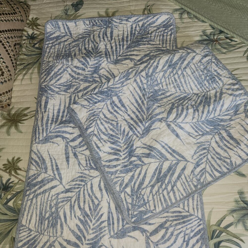 TOMMY BAHAMA ~ TWO (2) Quilted KING Pillow Shams Blue White Tropical Palm Leaf